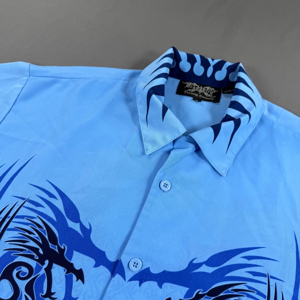 Dragonfly Clothing Company Mens Blue Dragon Tribal Graphic Button Down Shirt L